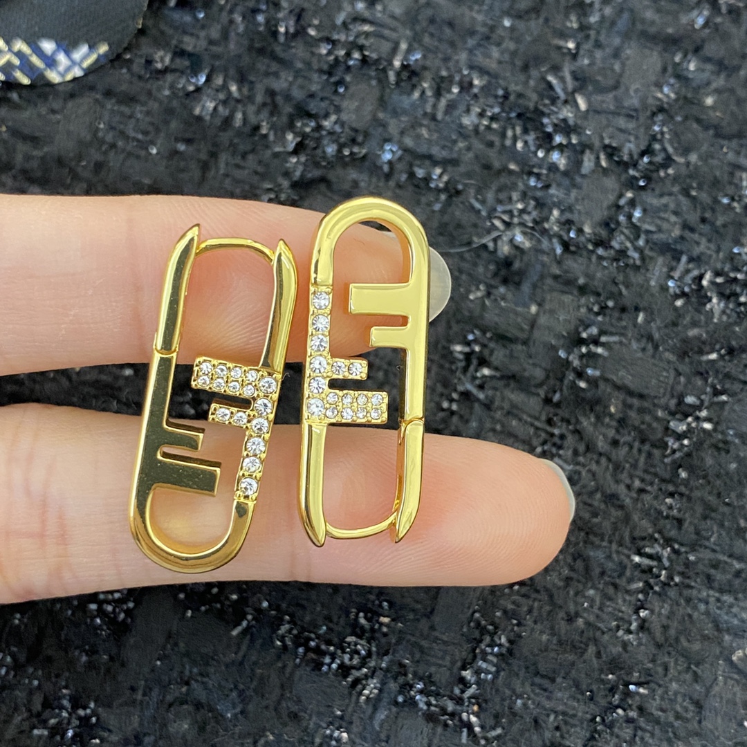 Fendi O Lock earrings gold-tone metal with clear crystal accents 3cm drop length