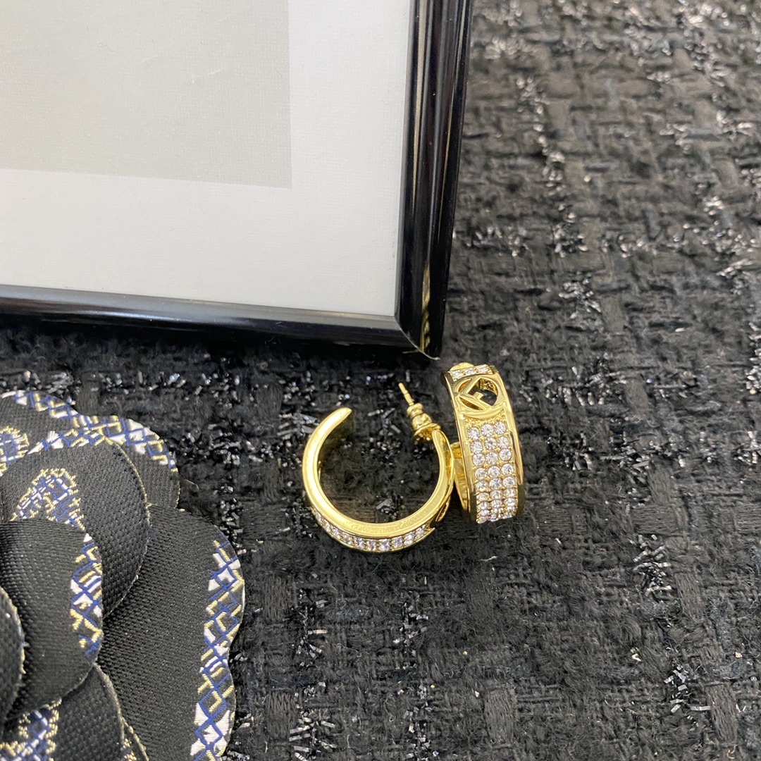 Fendi F Is Fendi earrings gold-tone metal with clear pave crystals 1 5cm hoop diameter