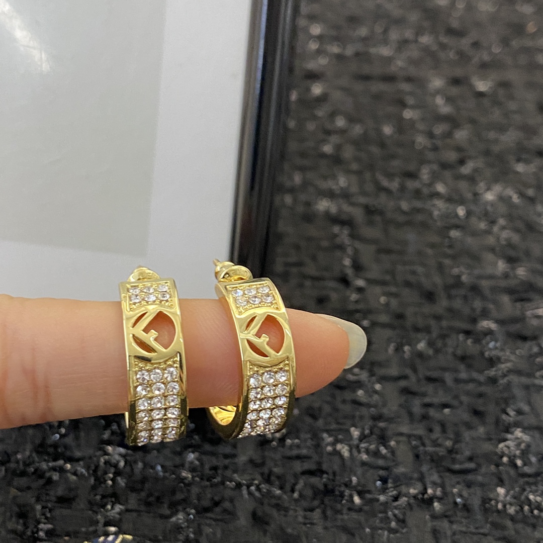 Fendi F Is Fendi earrings gold-tone metal with clear pave crystals 1 5cm hoop diameter