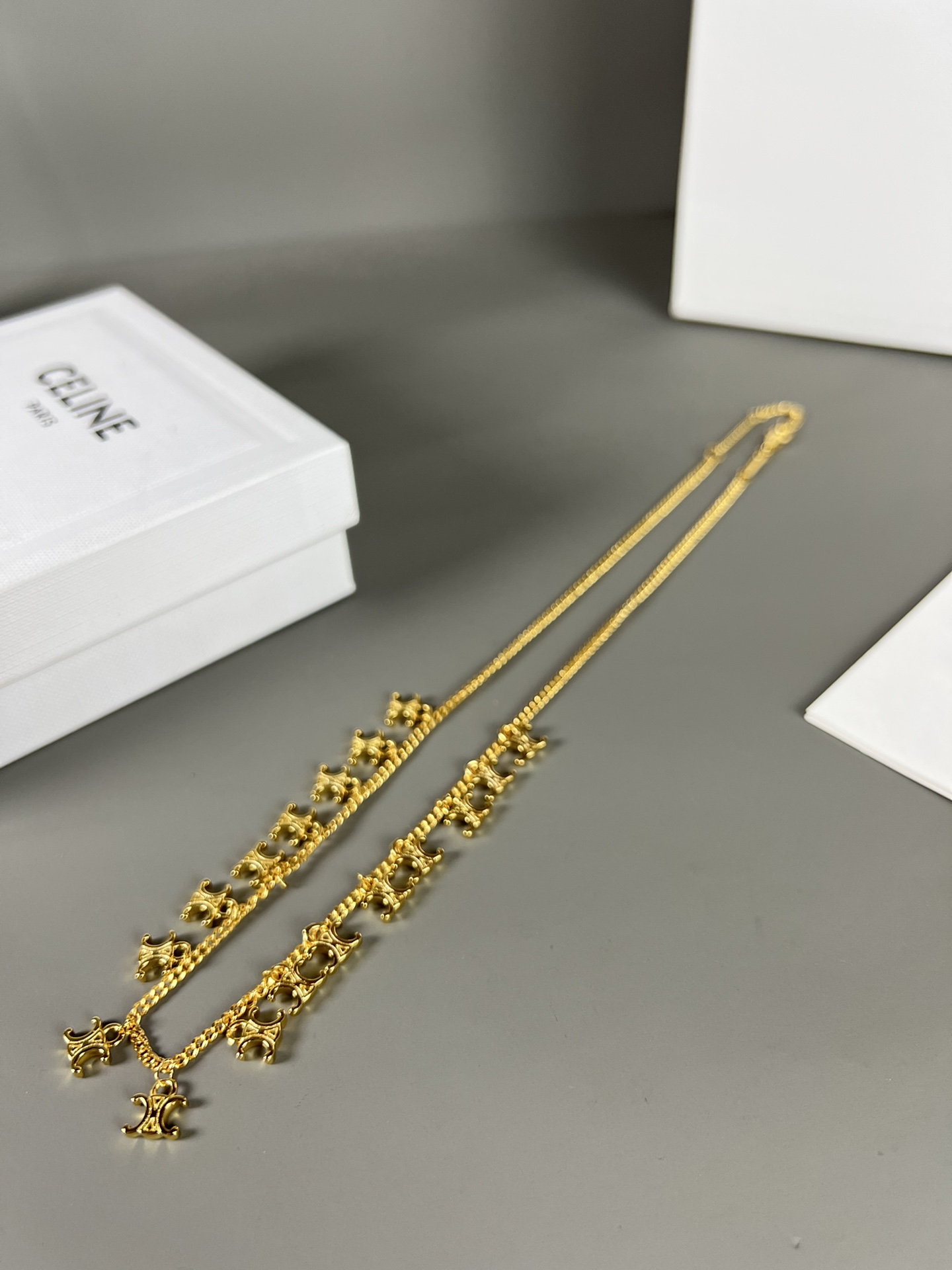 Celine Triomphe Multi Charm Choker necklace gold-tone metal no gemstones 40cm with 5cm extender
