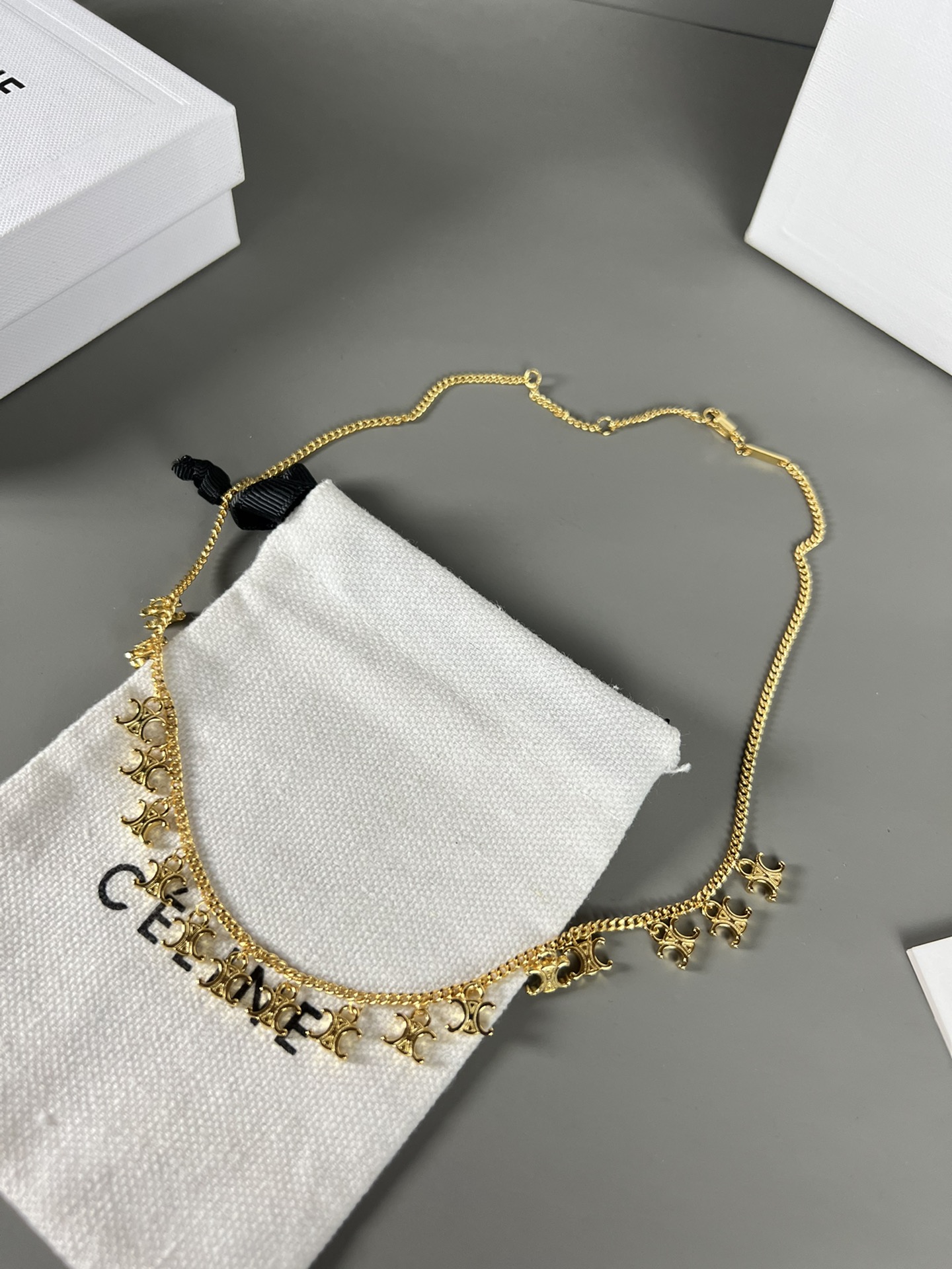 Celine Triomphe Multi Charm Choker necklace gold-tone metal no gemstones 40cm with 5cm extender