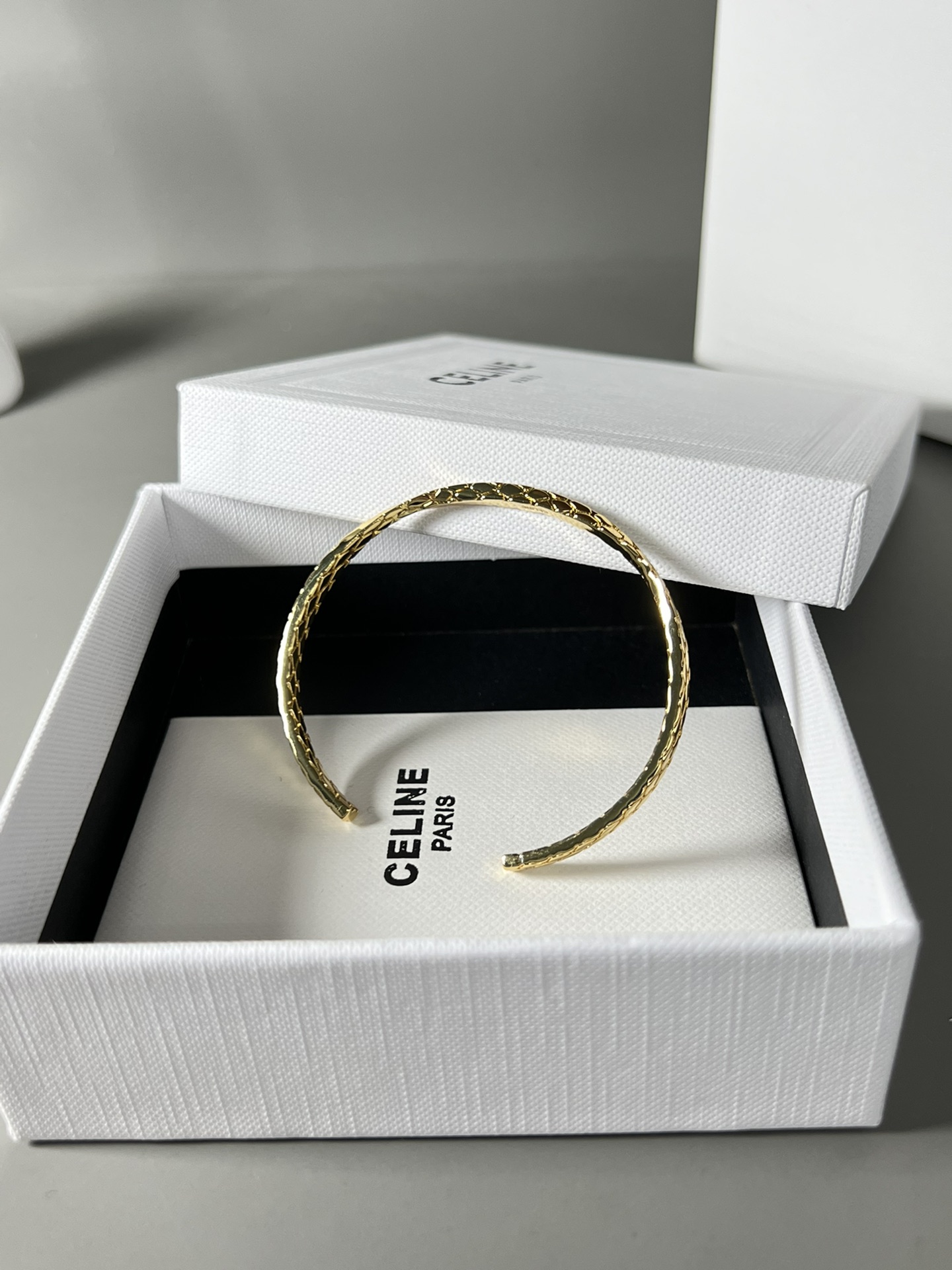 Celine Hammered Open Cuff bracelet Gold-tone metal no accent stones One Size 17cm inner circumference