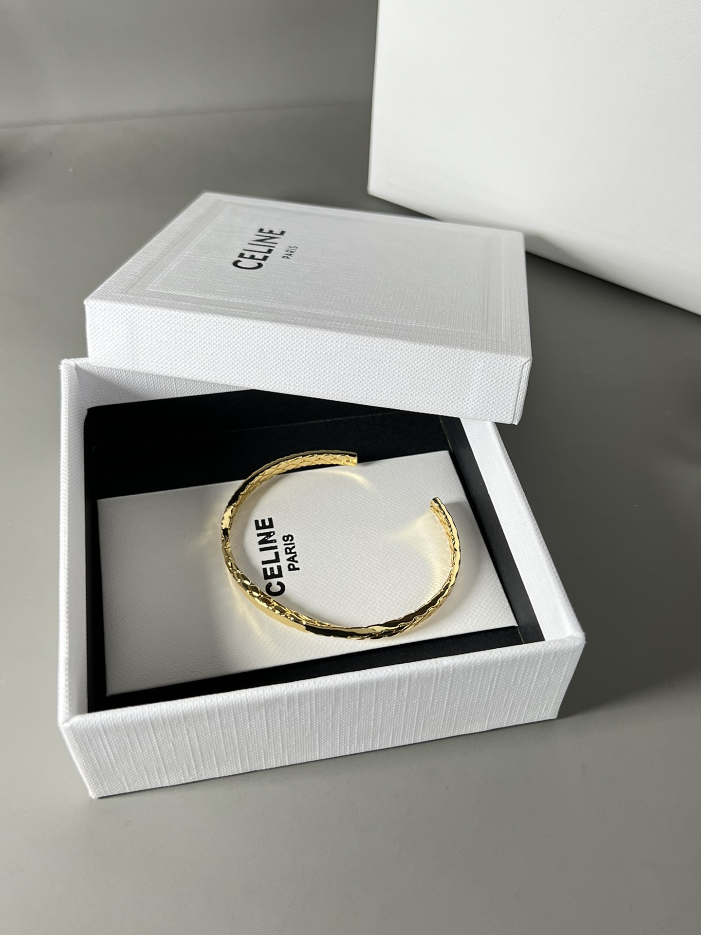 Celine Hammered Open Cuff bracelet Gold-tone metal no accent stones One Size 17cm inner circumference