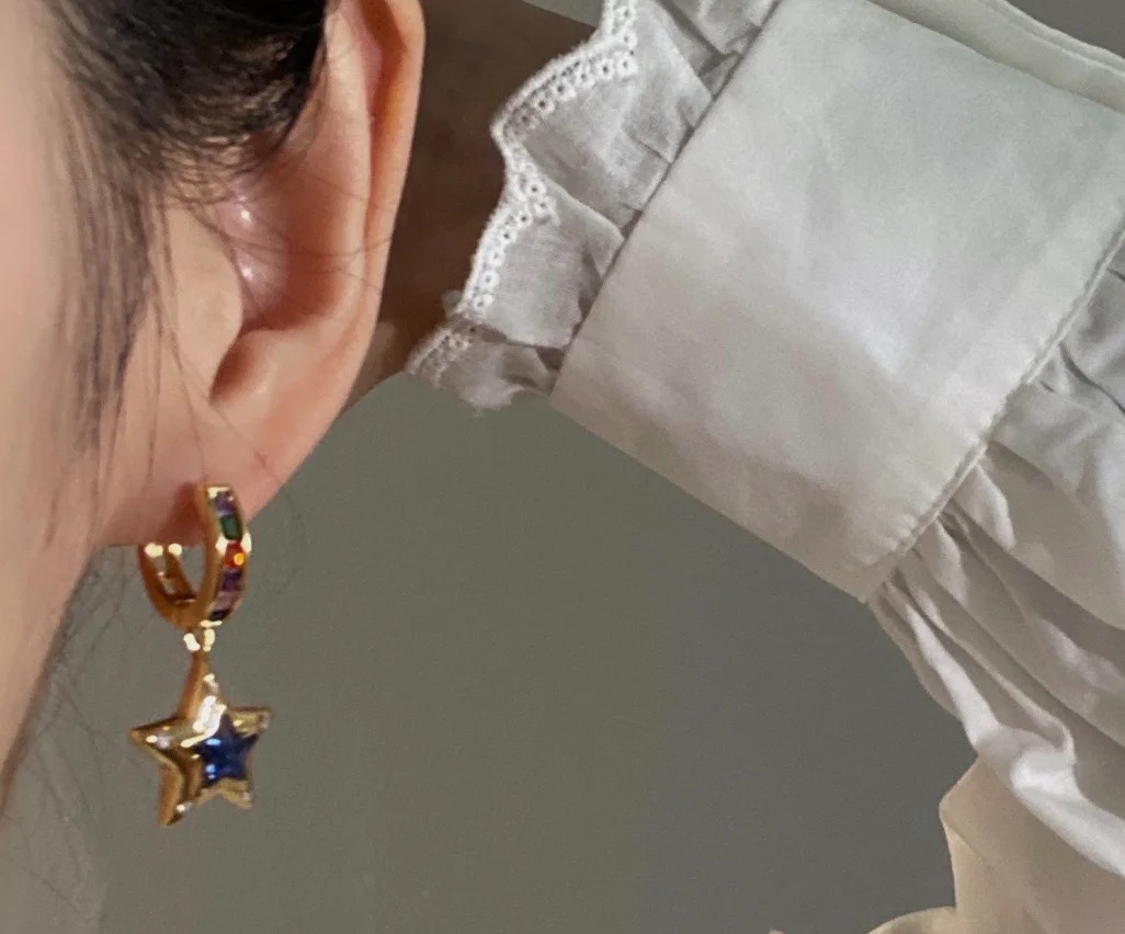 Celine 090045 Heart Star Charm Hoop Earrings earrings gold-tone metal with multicolor rainbow gemstones on hoops pink opal-like heart center blue lapis-like star center clear accent stones 1 5cm hoop diameter 2 5cm total drop length