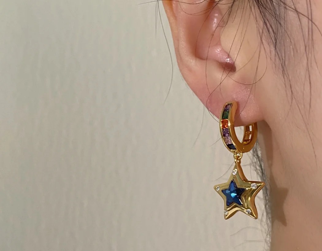 Celine 090045 Heart Star Charm Hoop Earrings earrings gold-tone metal with multicolor rainbow gemstones on hoops pink opal-like heart center blue lapis-like star center clear accent stones 1 5cm hoop diameter 2 5cm total drop length