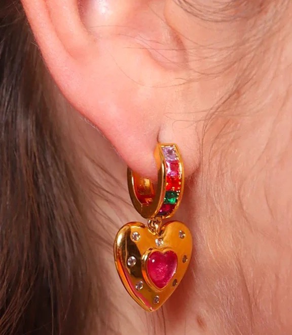 Celine 090045 Heart Star Charm Hoop Earrings earrings gold-tone metal with multicolor rainbow gemstones on hoops pink opal-like heart center blue lapis-like star center clear accent stones 1 5cm hoop diameter 2 5cm total drop length