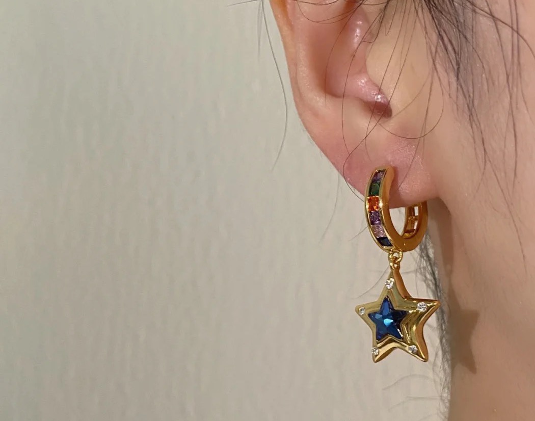 Celine 090045 Heart Star Charm Hoop Earrings earrings gold-tone metal with multicolor rainbow gemstones on hoops pink opal-like heart center blue lapis-like star center clear accent stones 1 5cm hoop diameter 2 5cm total drop length
