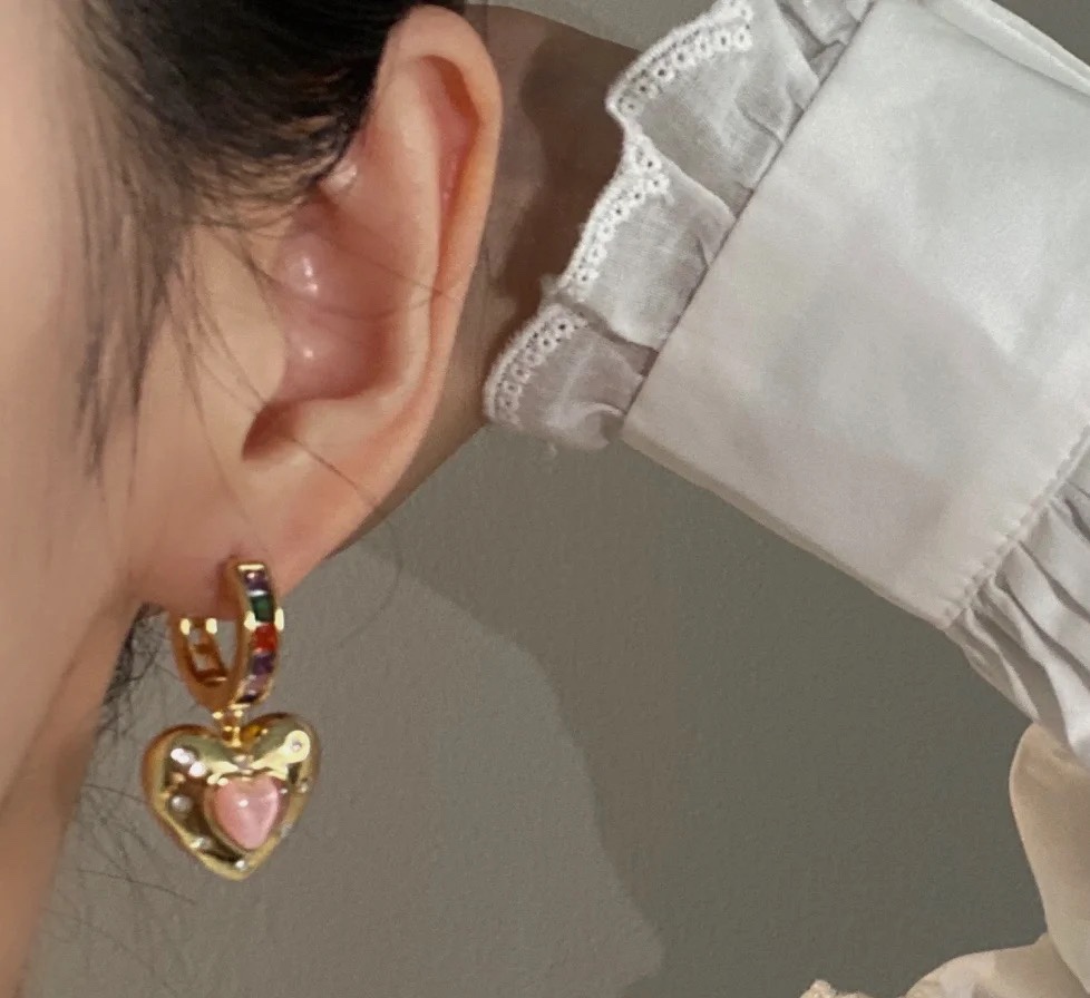 Celine 090045 Heart Star Charm Hoop Earrings earrings gold-tone metal with multicolor rainbow gemstones on hoops pink opal-like heart center blue lapis-like star center clear accent stones 1 5cm hoop diameter 2 5cm total drop length