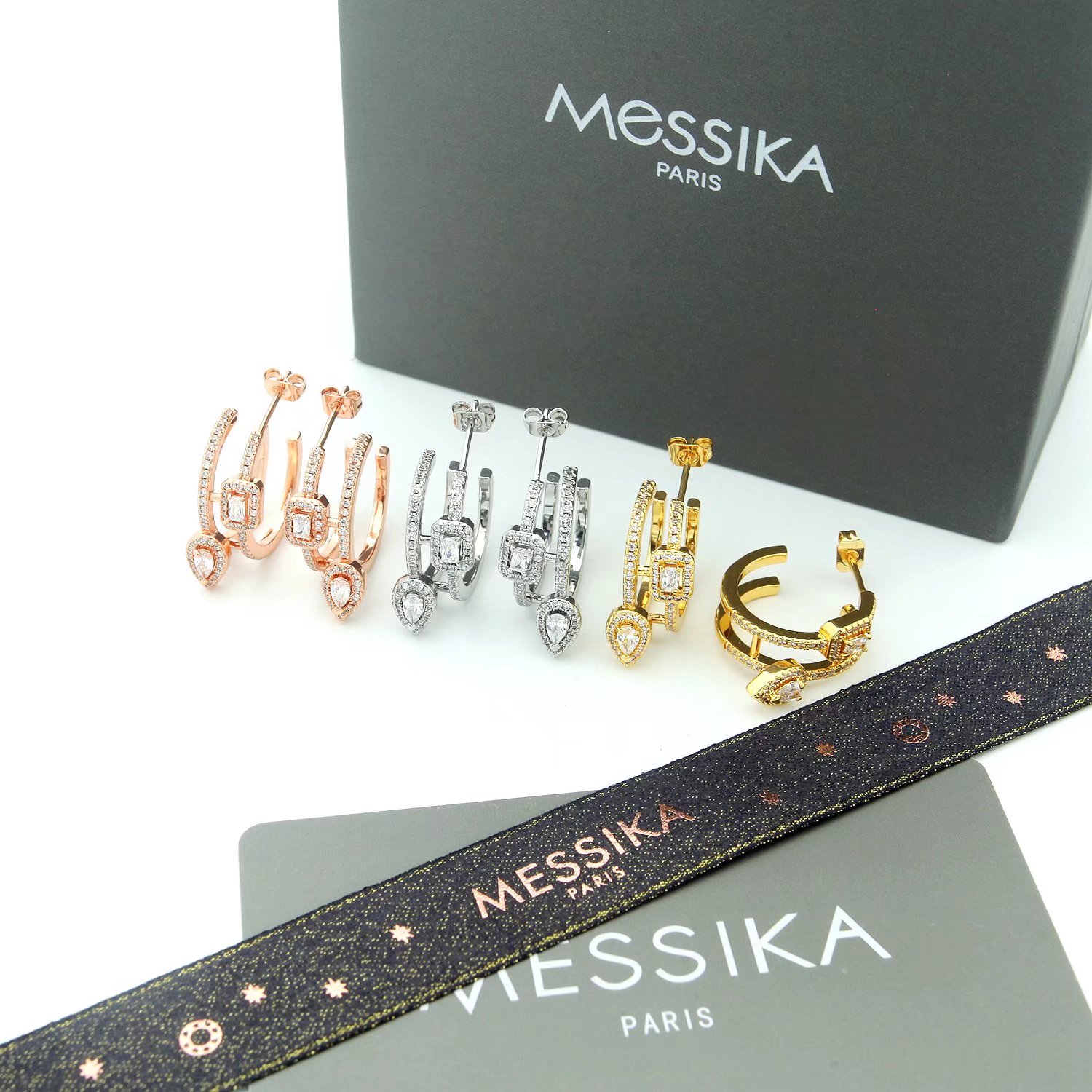 Messika Move Series earrings 18k white gold with clear diamonds 18k yellow gold with clear diamonds 1 5cm hoop diameter