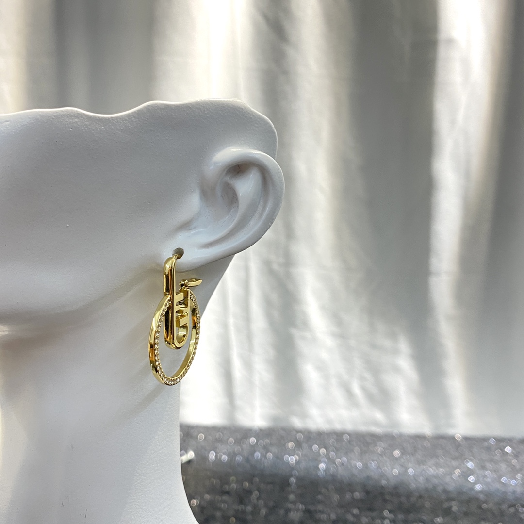Fendi O Lock earrings gold-tone metal with clear crystal accents 3 5cm drop length