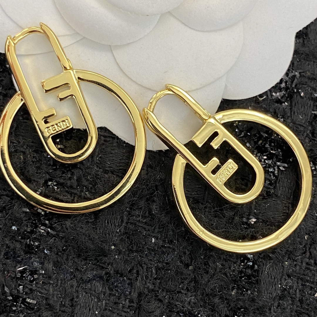 Fendi O Lock earrings gold-tone metal with clear crystal accents 3 5cm drop length