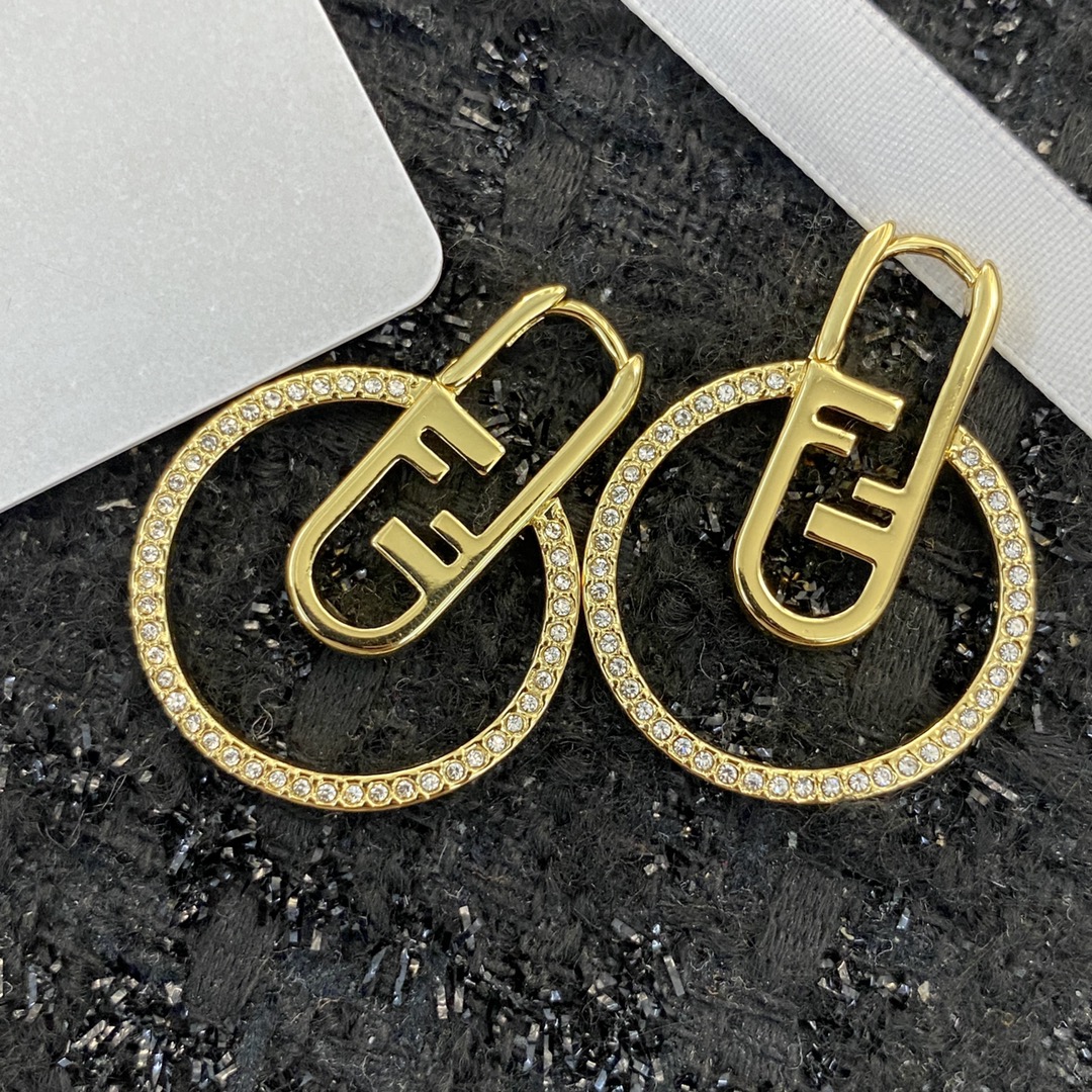 Fendi O Lock earrings gold-tone metal with clear crystal accents 3 5cm drop length