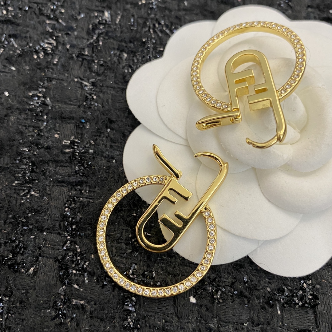 Fendi O Lock earrings gold-tone metal with clear crystal accents 3 5cm drop length