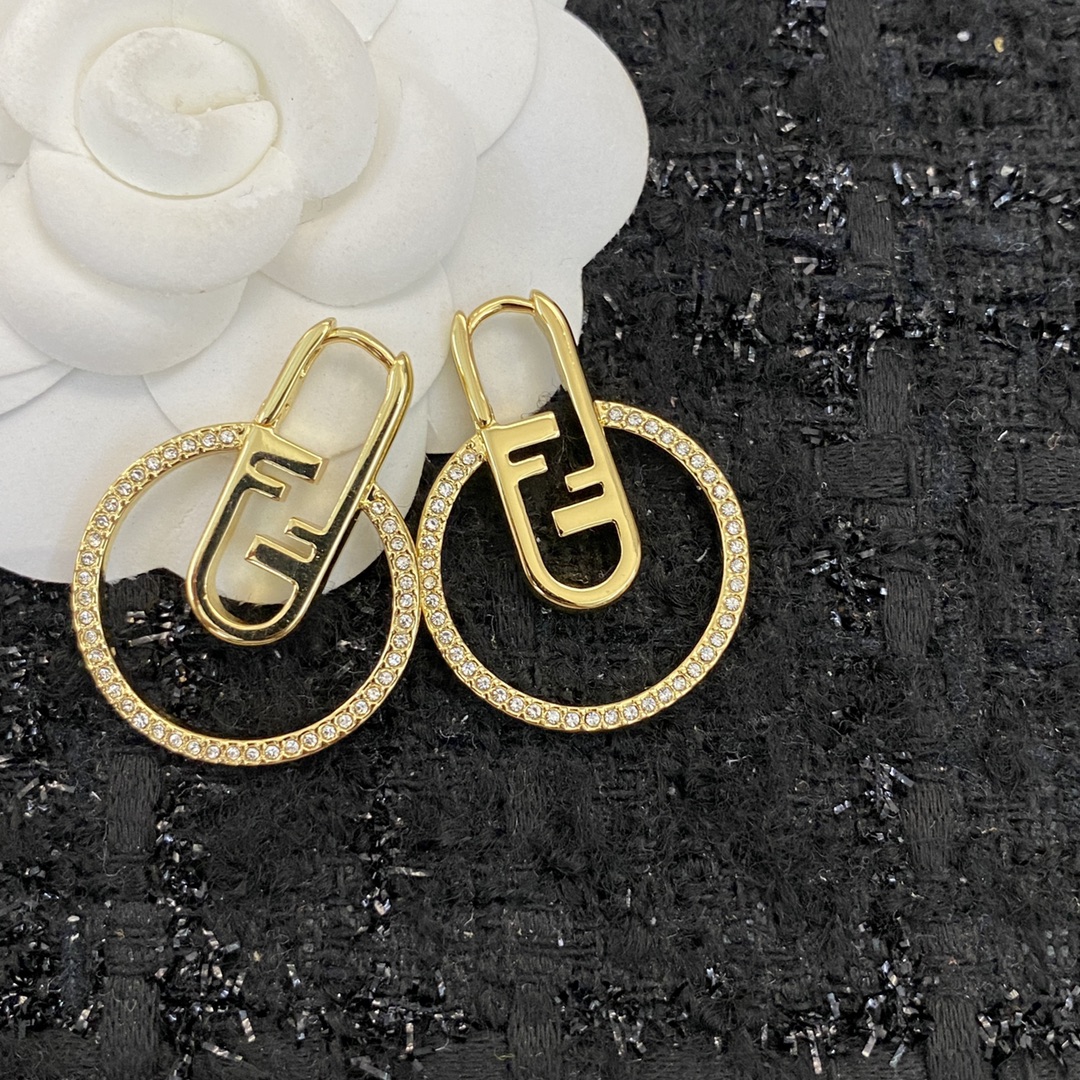 Fendi O Lock earrings gold-tone metal with clear crystal accents 3 5cm drop length