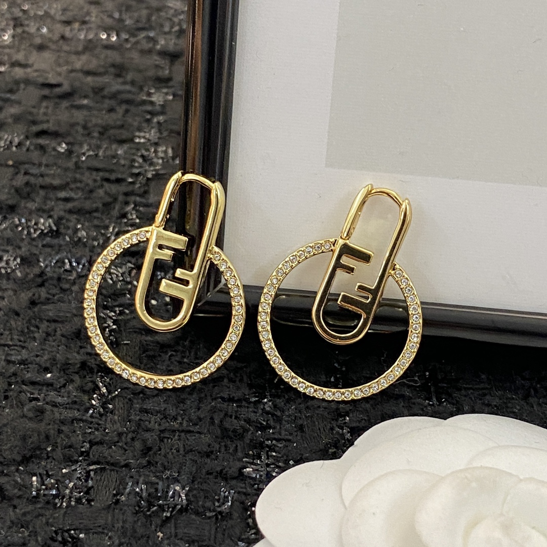 Fendi O Lock earrings gold-tone metal with clear crystal accents 3 5cm drop length