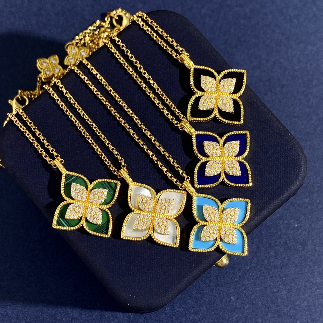 Roberto Coin Princess Flower necklace Yellow gold with white diamond accents available in mother-of-pearl and malachite stone variants 18 inches