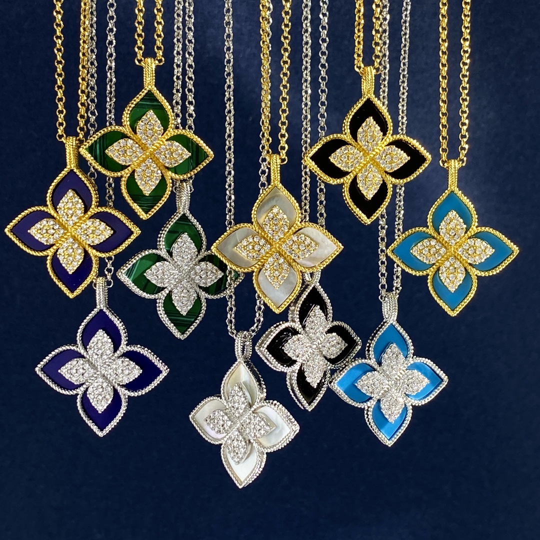 Collana Roberto Coin Princess Flower Metallo in argento sterling con pavé di diamanti trasparenti disponibile in onice nero blu turchese e intarsi in pietra madreperla bianca Catena regolabile da 18 pollici