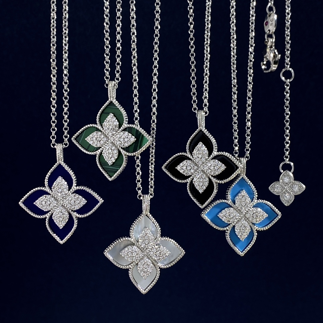 Collana Roberto Coin Princess Flower Metallo in argento sterling con pavé di diamanti trasparenti disponibile in onice nero blu turchese e intarsi in pietra madreperla bianca Catena regolabile da 18 pollici