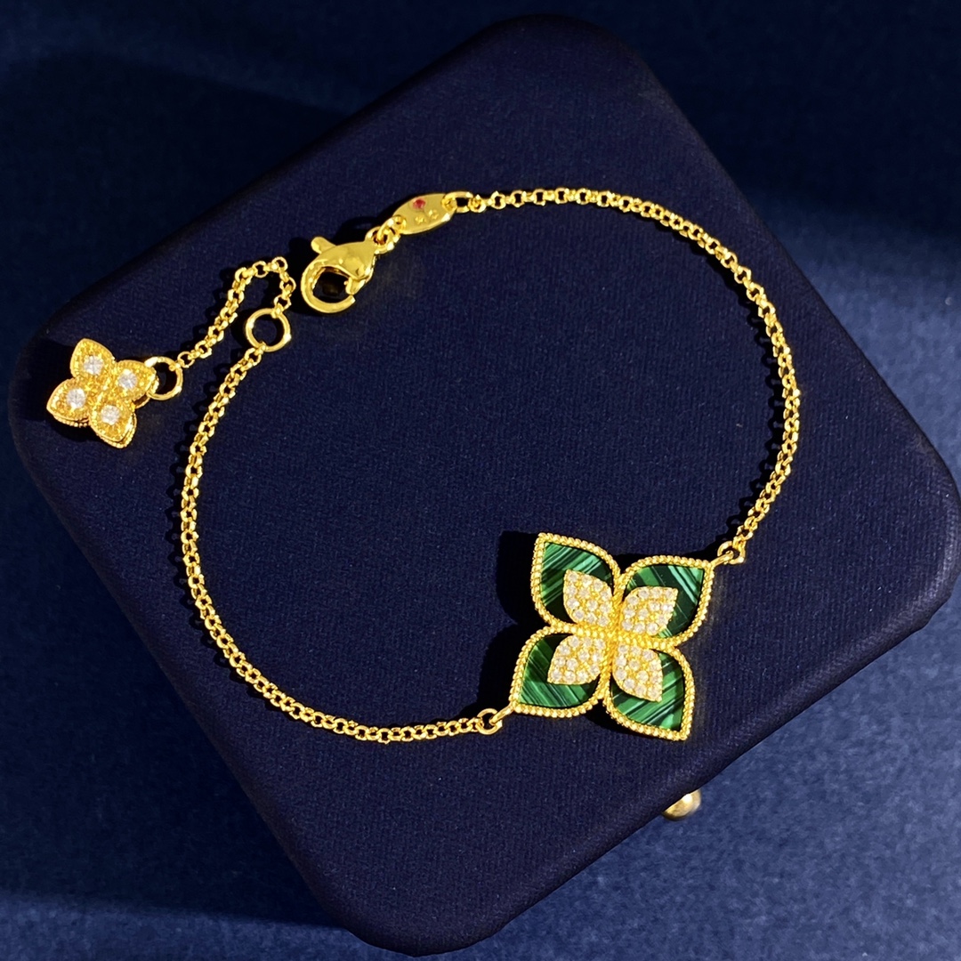 Roberto Coin Princess Flower bracelet Yellow gold with diamond pave available in white mother-of-pearl black onyx blue lapis lazuli turquoise green malachite stone inlays 18cm with 2cm extender
