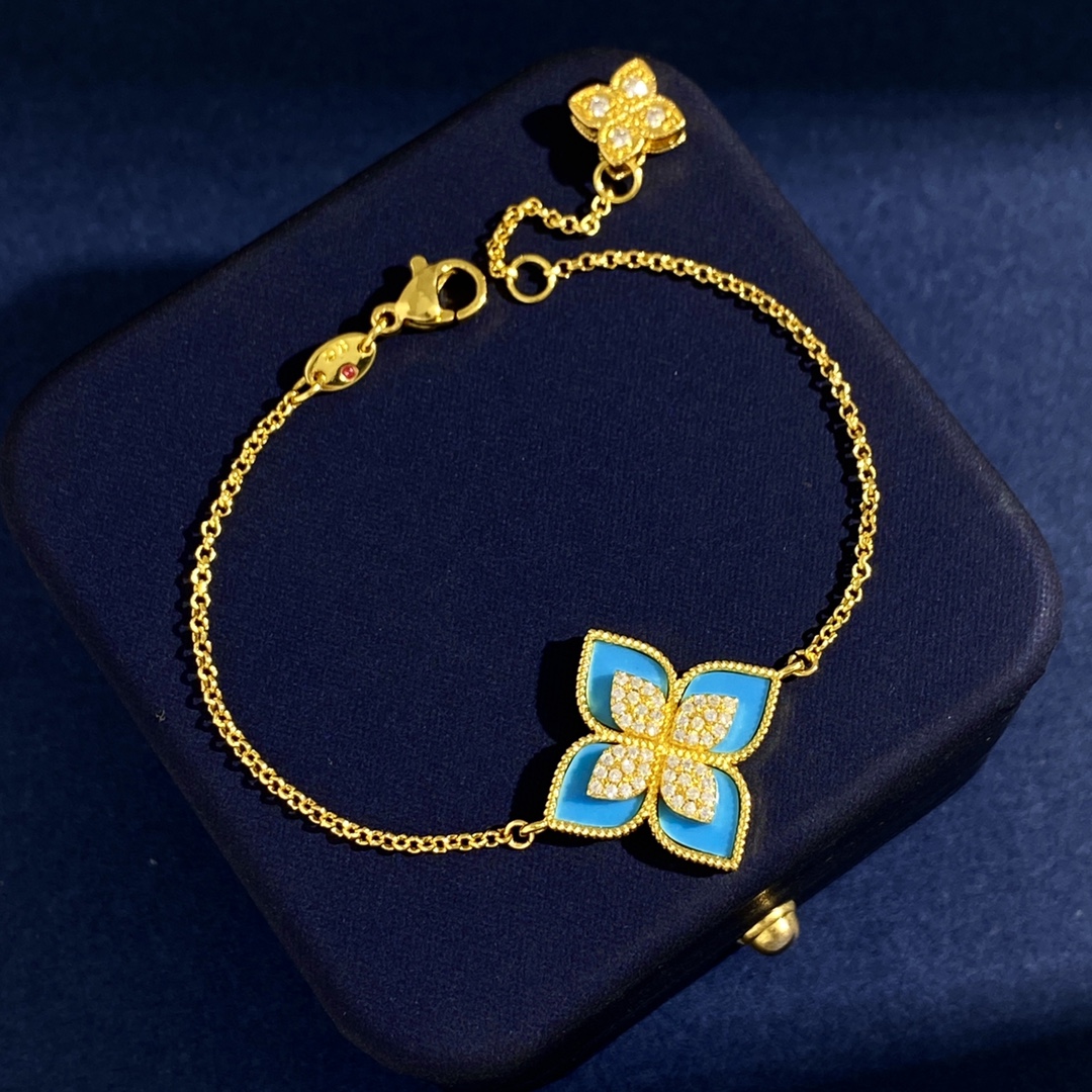 Roberto Coin Princess Flower bracelet Yellow gold with diamond pave available in white mother-of-pearl black onyx blue lapis lazuli turquoise green malachite stone inlays 18cm with 2cm extender