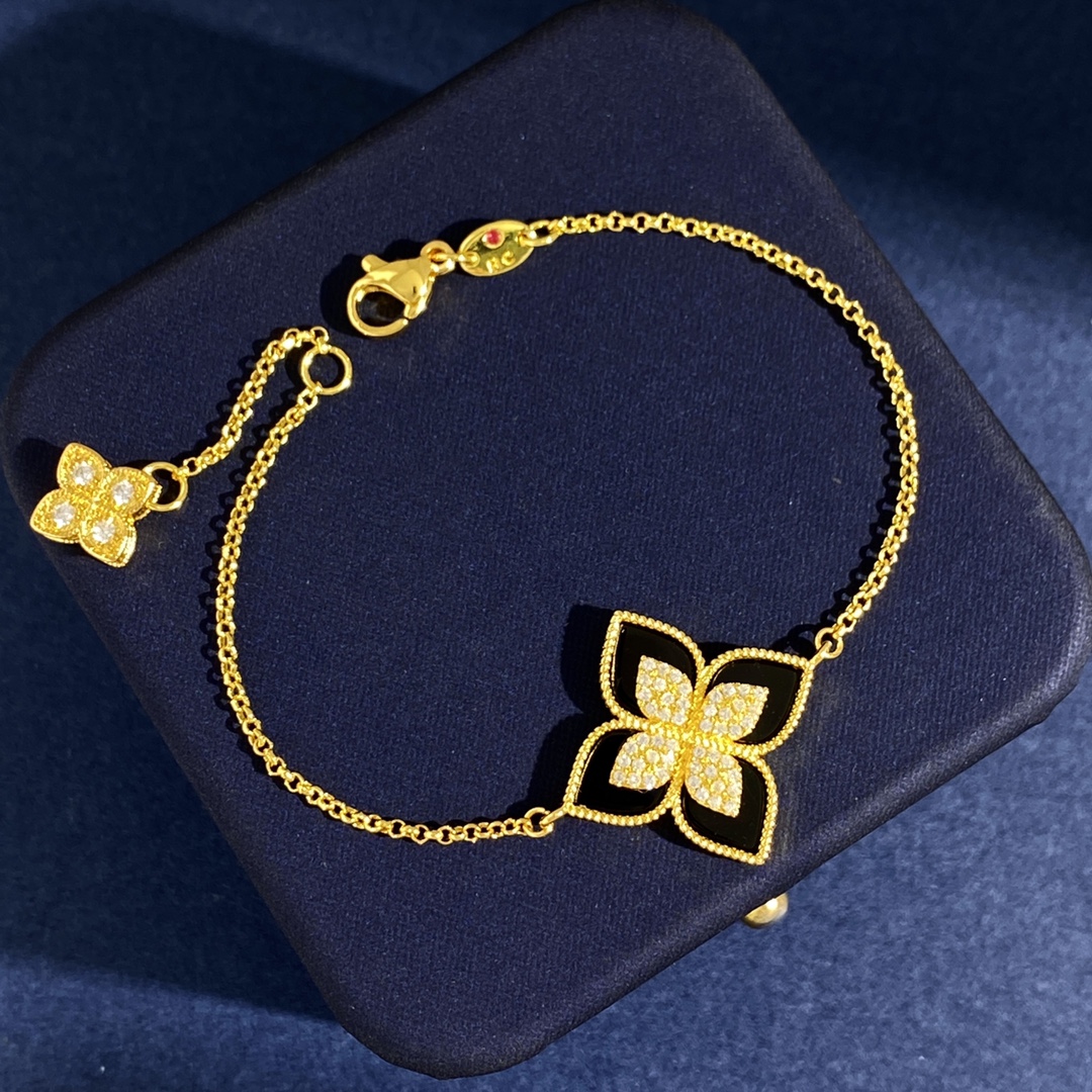 Roberto Coin Princess Flower bracelet Yellow gold with diamond pave available in white mother-of-pearl black onyx blue lapis lazuli turquoise green malachite stone inlays 18cm with 2cm extender