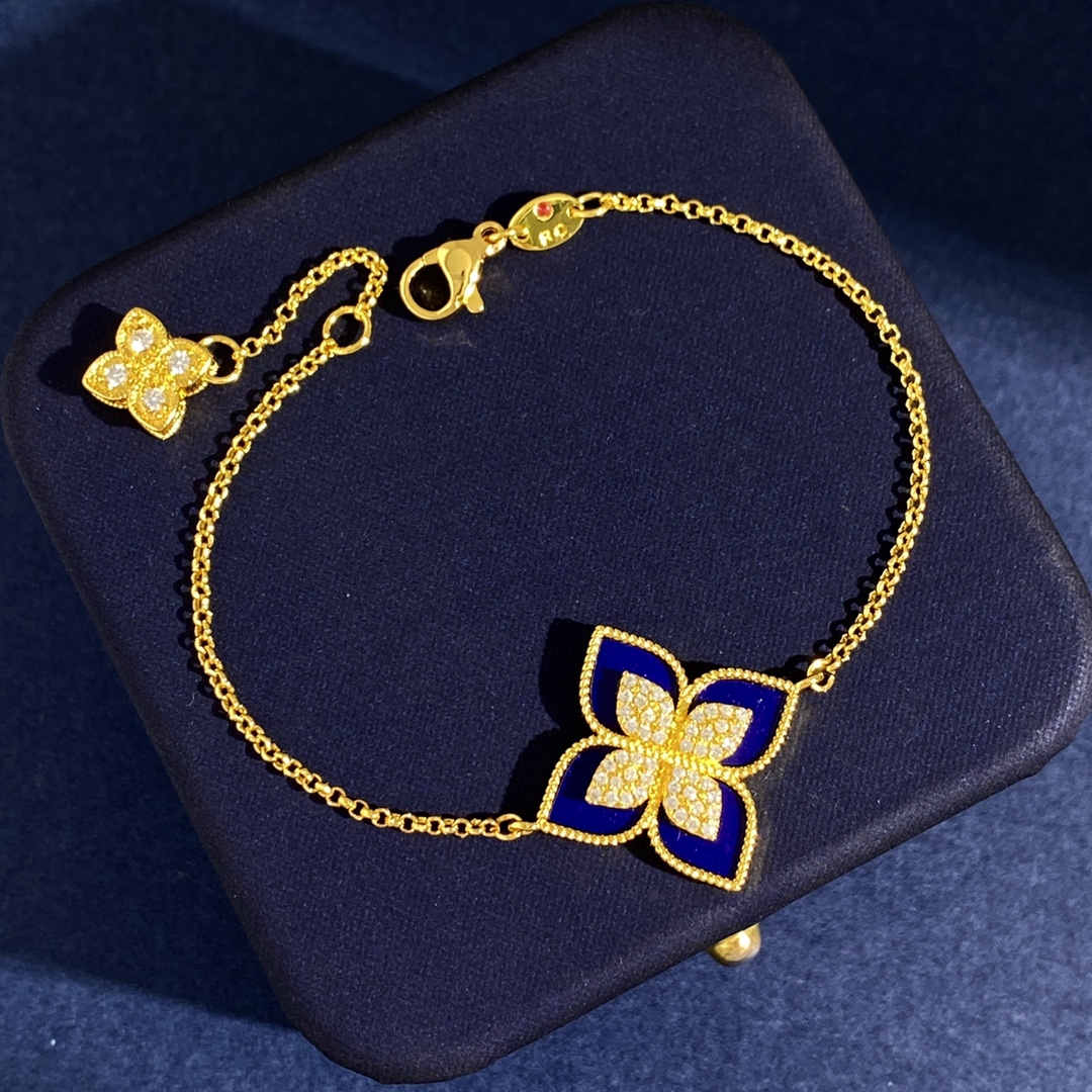 Roberto Coin Princess Flower bracelet Yellow gold with diamond pave available in white mother-of-pearl black onyx blue lapis lazuli turquoise green malachite stone inlays 18cm with 2cm extender