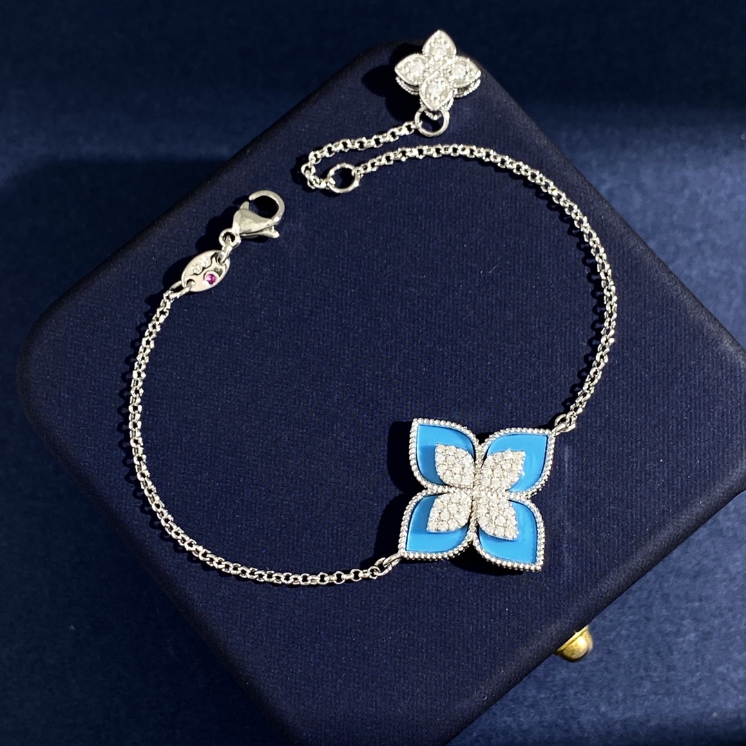 Roberto Coin Princess Flower bracelet White gold with diamonds available in black onyx blue lapis lazuli turquoise white mother of pearl and green malachite variants 17cm with 2cm extender