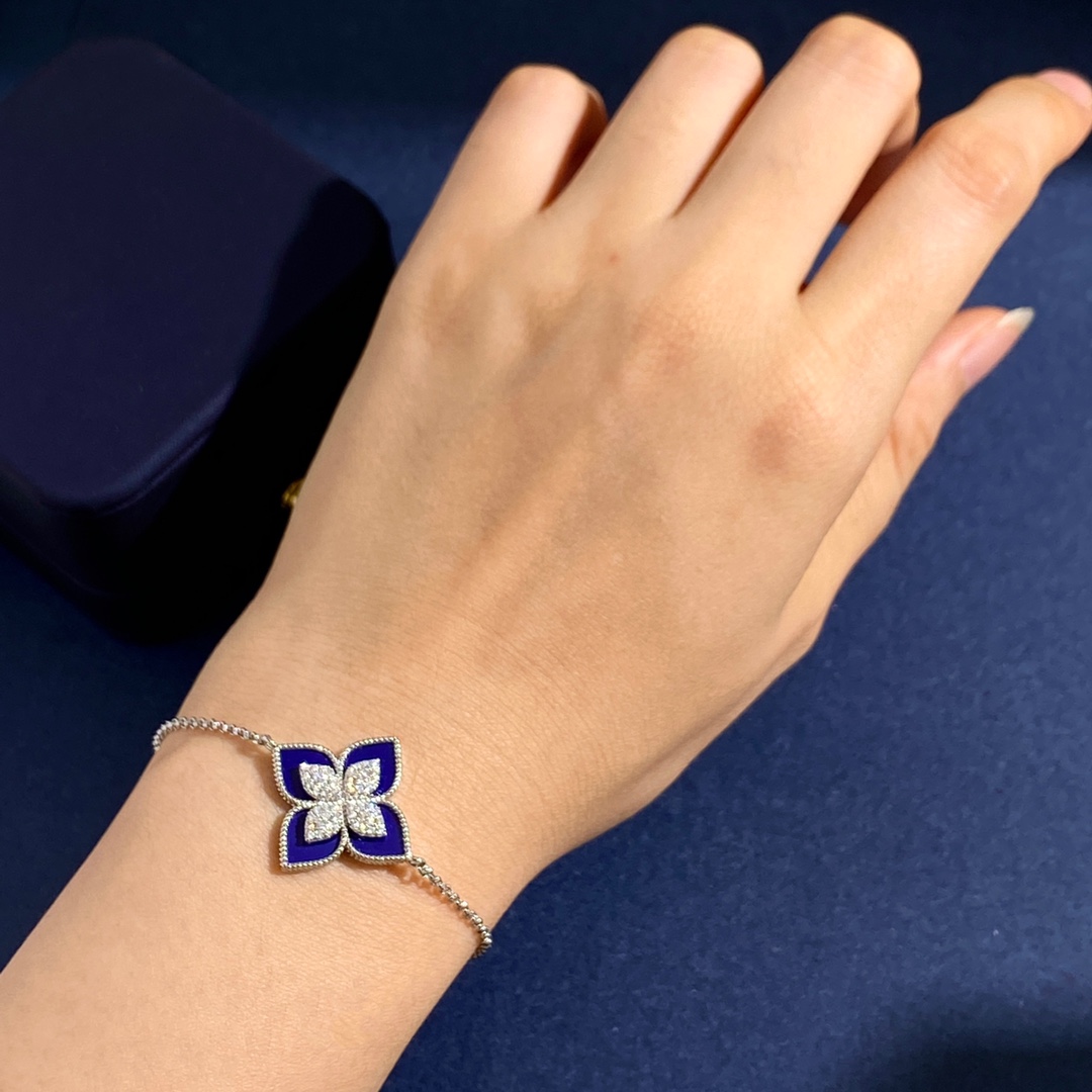 Roberto Coin Princess Flower bracelet White gold with diamonds available in black onyx blue lapis lazuli turquoise white mother of pearl and green malachite variants 17cm with 2cm extender