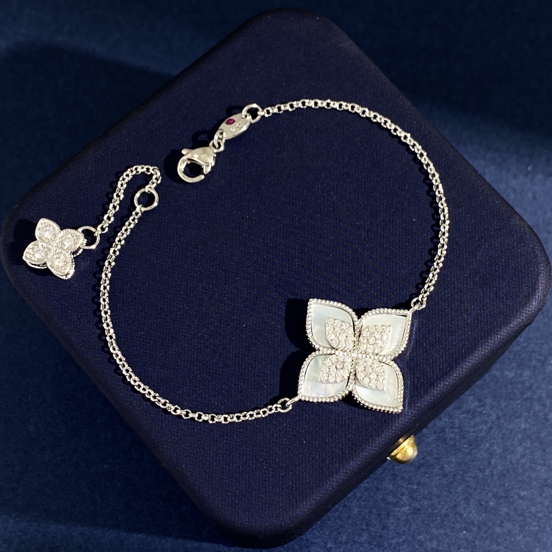 Roberto Coin Princess Flower bracelet White gold with diamonds available in black onyx blue lapis lazuli turquoise white mother of pearl and green malachite variants 17cm with 2cm extender