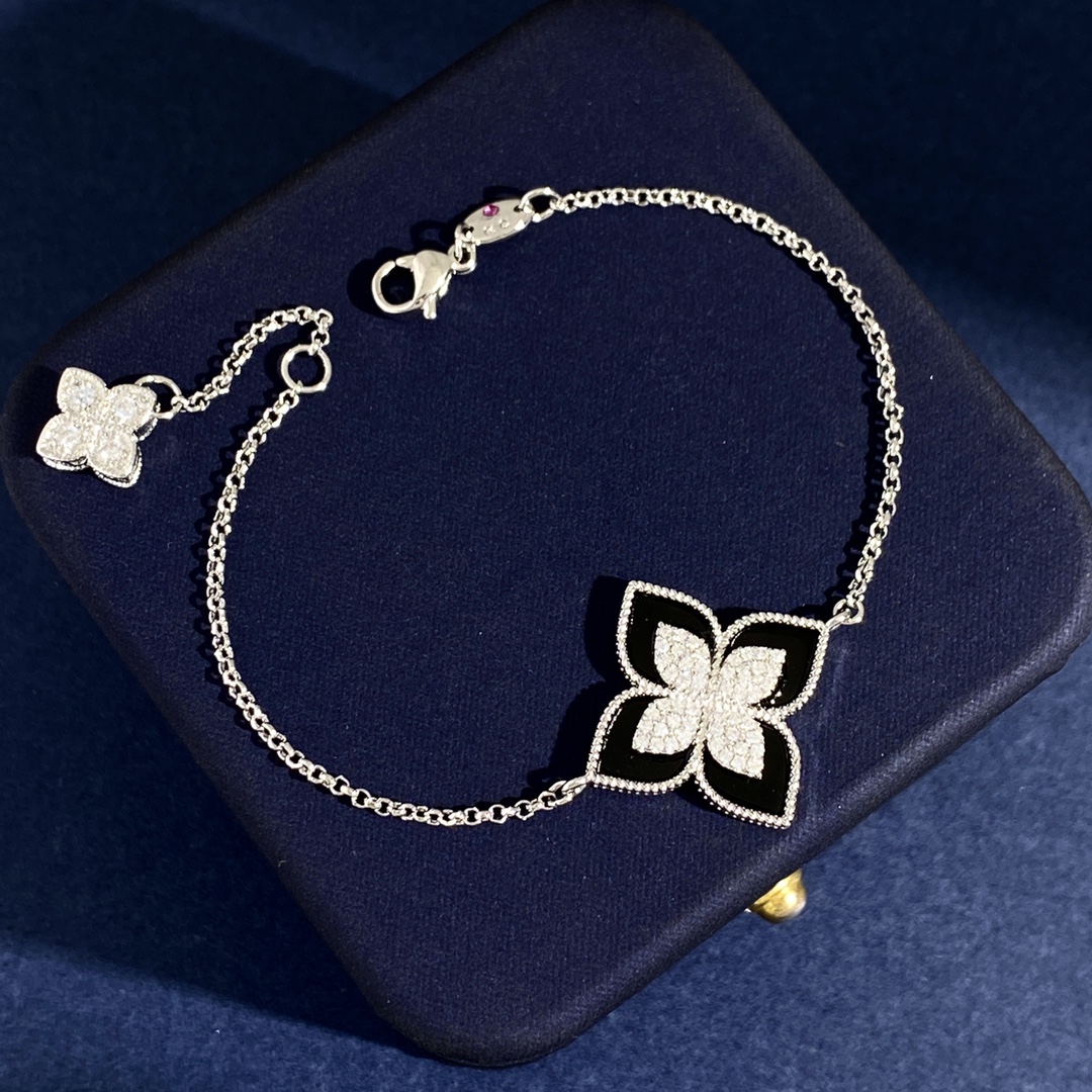 Roberto Coin Princess Flower bracelet White gold with diamonds available in black onyx blue lapis lazuli turquoise white mother of pearl and green malachite variants 17cm with 2cm extender