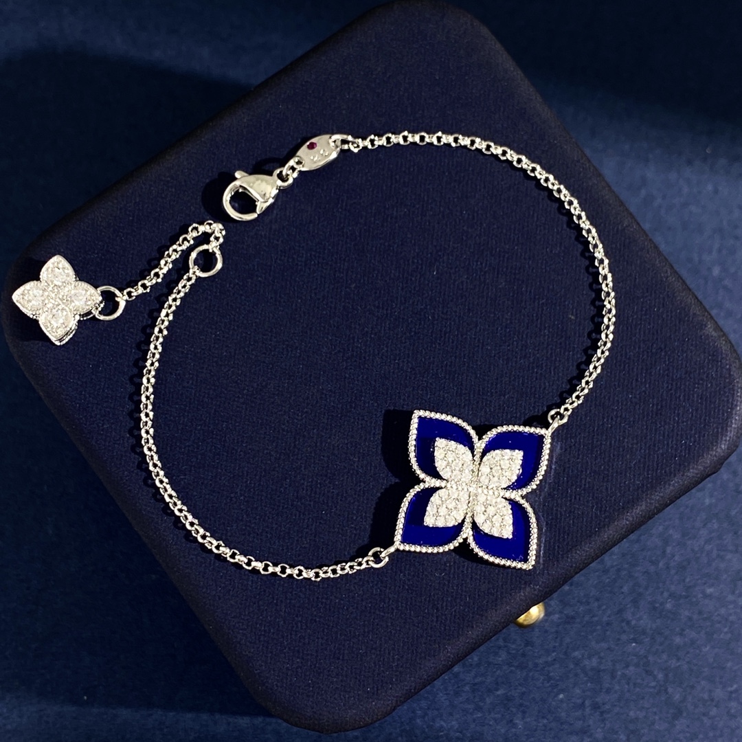 Roberto Coin Princess Flower bracelet White gold with diamonds available in black onyx blue lapis lazuli turquoise white mother of pearl and green malachite variants 17cm with 2cm extender