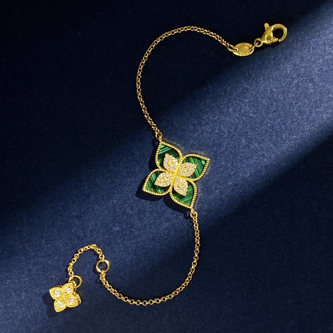 Roberto Coin Princess Flower bracelet Yellow gold with diamond pave available in white mother-of-pearl black onyx blue lapis lazuli turquoise green malachite stone inlays 18cm with 2cm extender