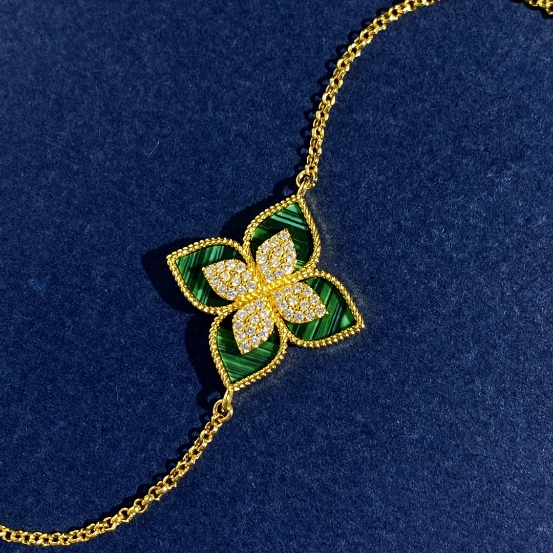 Roberto Coin Princess Flower bracelet Silver-toned white gold with blue enamel and pave white diamonds Yellow gold with green malachite and pave white diamonds Silver-toned white gold with black onyx and pave white diamonds Silver-toned white gold with light blue enamel and pave white diamonds Silver-toned white gold with white mother-of-pearl and pave white diamonds 17cm