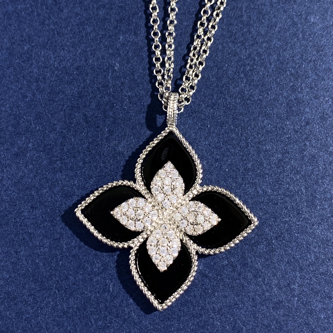 Roberto Coin Collana Princess Flower Oro bianco con diamante centrale varianti disponibili blu lapislazzuli onice nero madreperla bianca turchese intarsi in malachite verde 42 cm