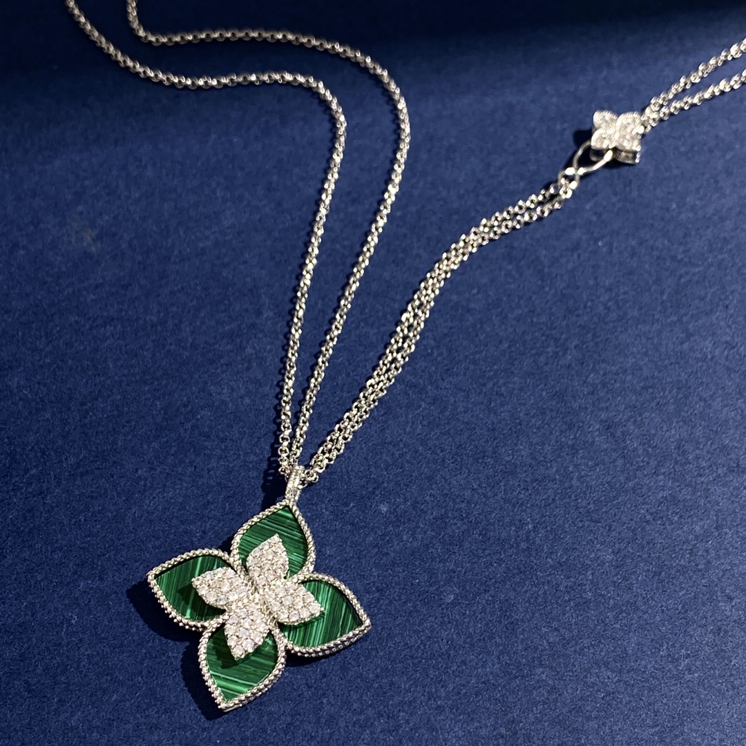 Roberto Coin Collana Princess Flower Oro bianco con diamante centrale varianti disponibili blu lapislazzuli onice nero madreperla bianca turchese intarsi in malachite verde 42 cm