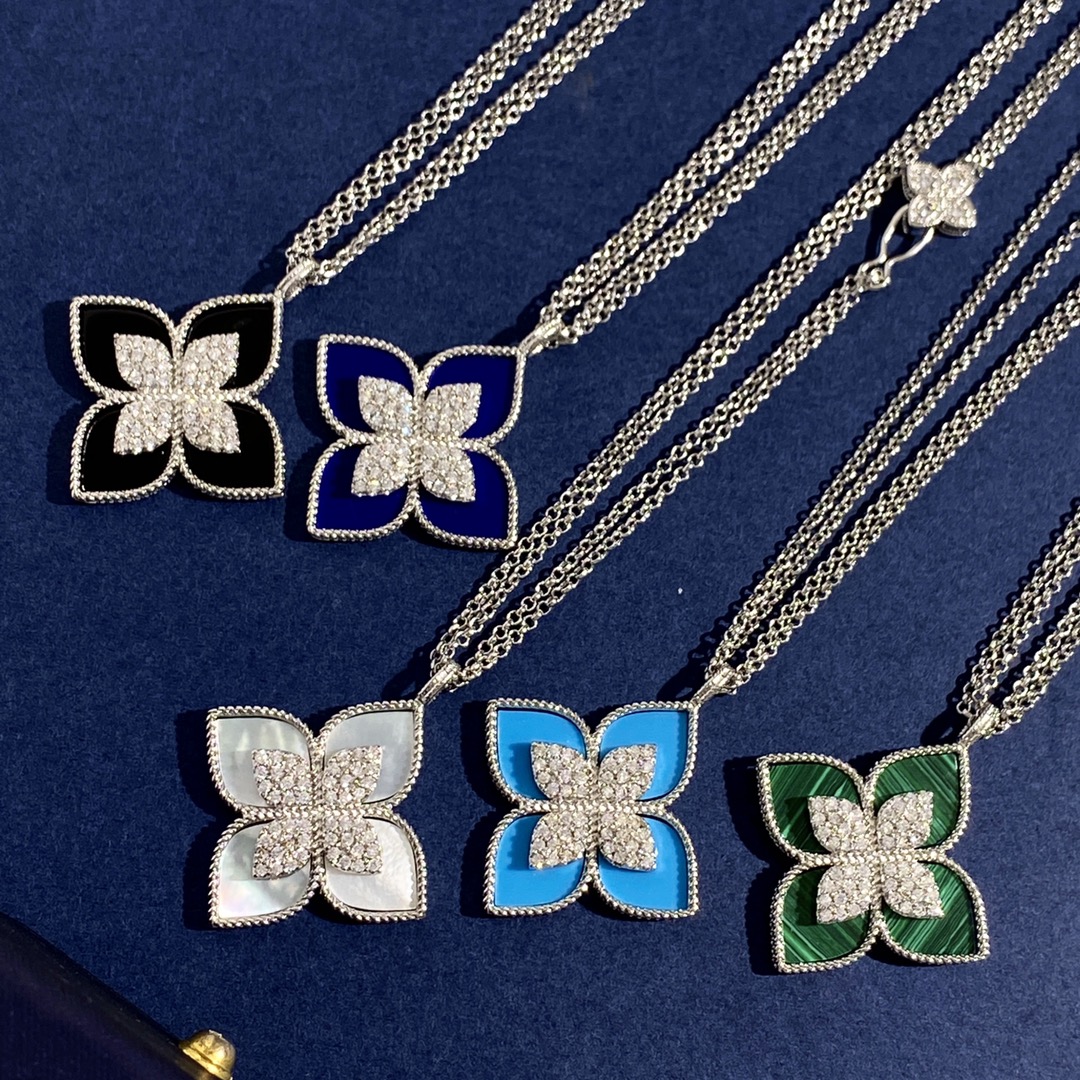 Roberto Coin Collana Princess Flower Oro bianco con diamante centrale varianti disponibili blu lapislazzuli onice nero madreperla bianca turchese intarsi in malachite verde 42 cm