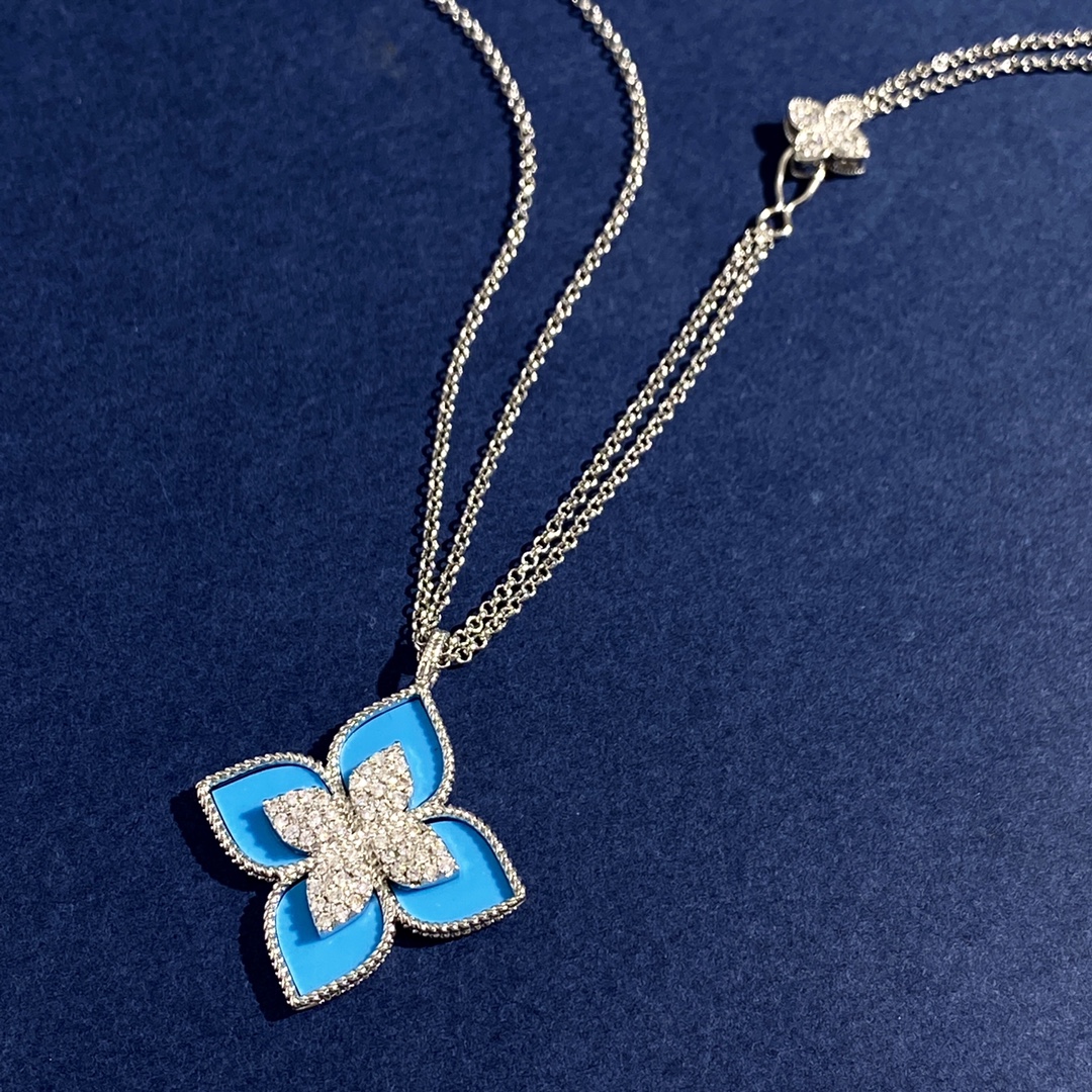 Roberto Coin Collana Princess Flower Oro bianco con diamante centrale varianti disponibili blu lapislazzuli onice nero madreperla bianca turchese intarsi in malachite verde 42 cm