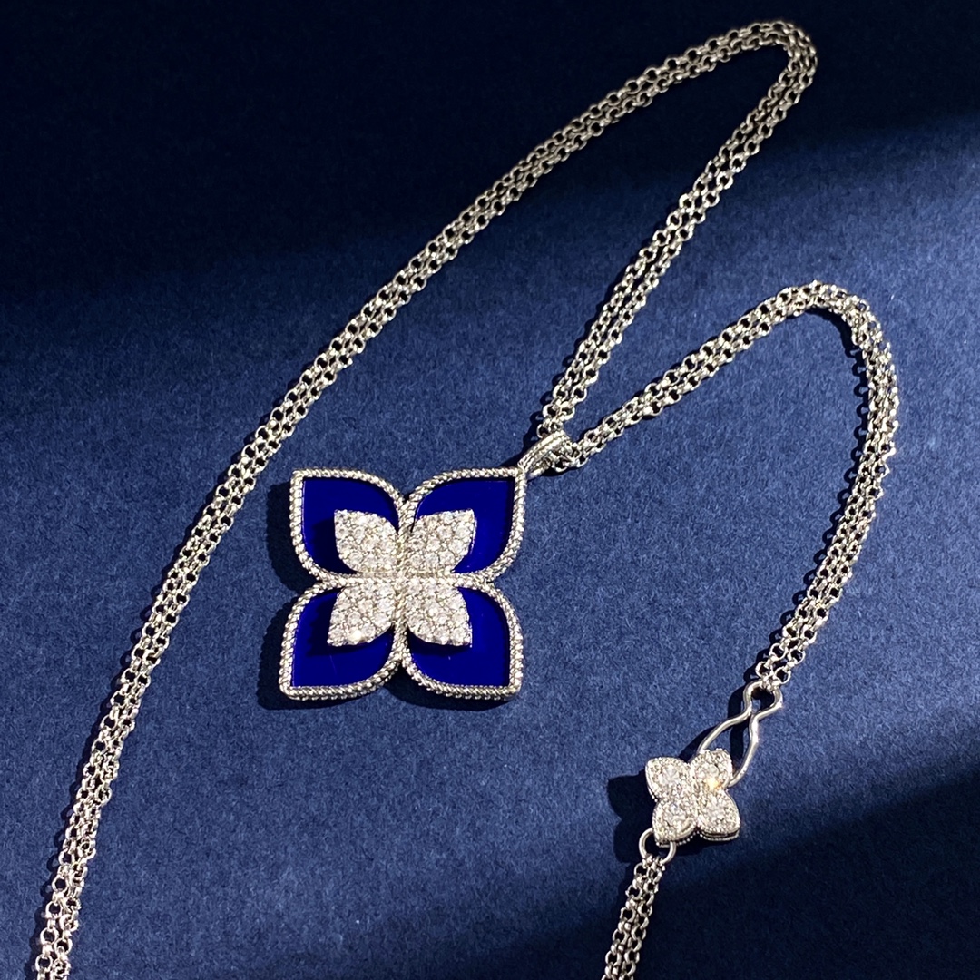 Roberto Coin Collana Princess Flower Oro bianco con diamante centrale varianti disponibili blu lapislazzuli onice nero madreperla bianca turchese intarsi in malachite verde 42 cm