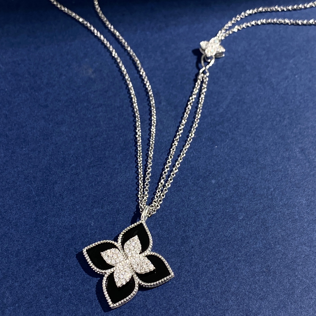 Roberto Coin Collana Princess Flower Oro bianco con diamante centrale varianti disponibili blu lapislazzuli onice nero madreperla bianca turchese intarsi in malachite verde 42 cm