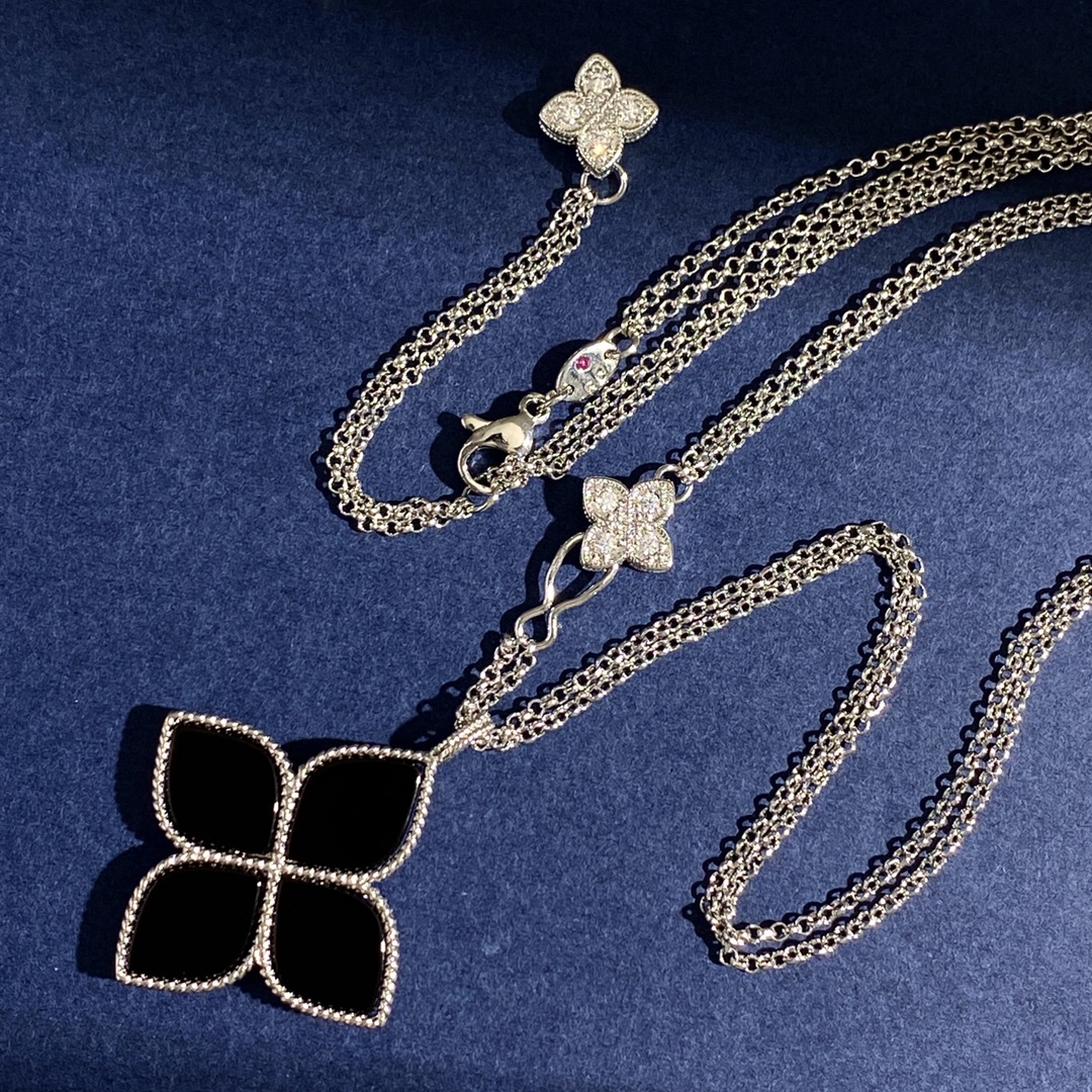 Roberto Coin Collana Princess Flower Oro bianco con diamante centrale varianti disponibili blu lapislazzuli onice nero madreperla bianca turchese intarsi in malachite verde 42 cm