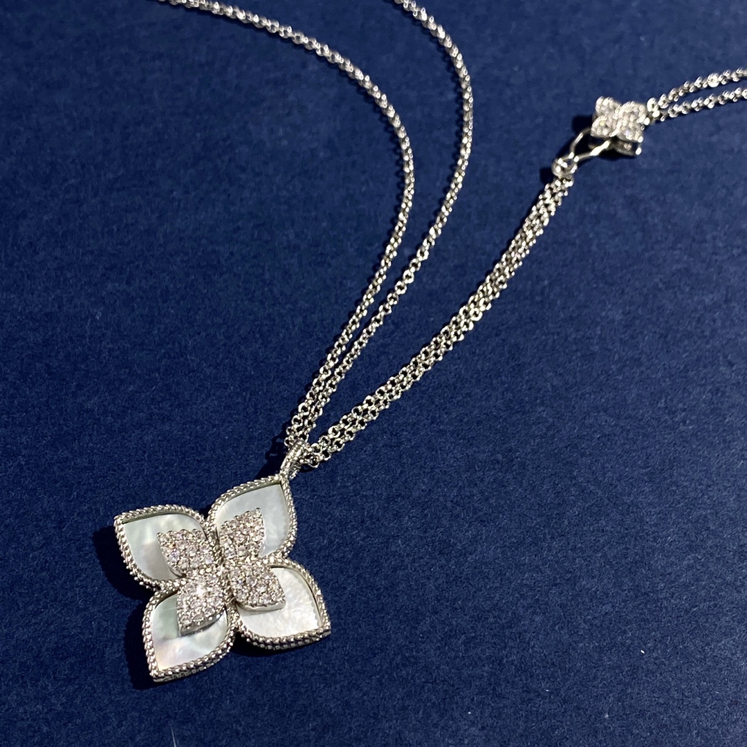 Roberto Coin Collana Princess Flower Oro bianco con diamante centrale varianti disponibili blu lapislazzuli onice nero madreperla bianca turchese intarsi in malachite verde 42 cm