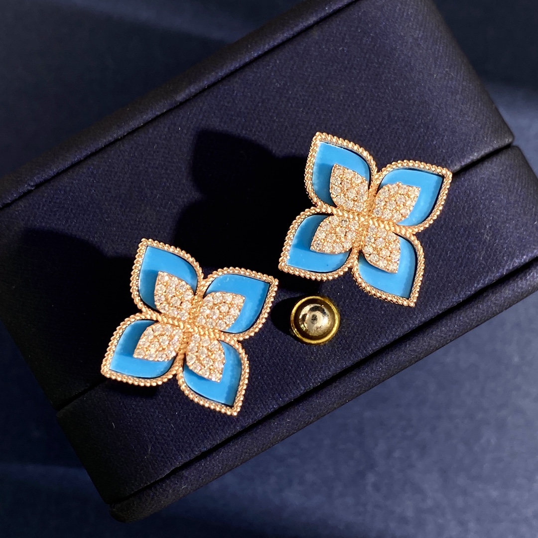 Roberto Coin Princess Flower earrings Rose gold with diamond pave available in mother-of-pearl lapis lazuli and turquoise inlay options 15mm stud diameter