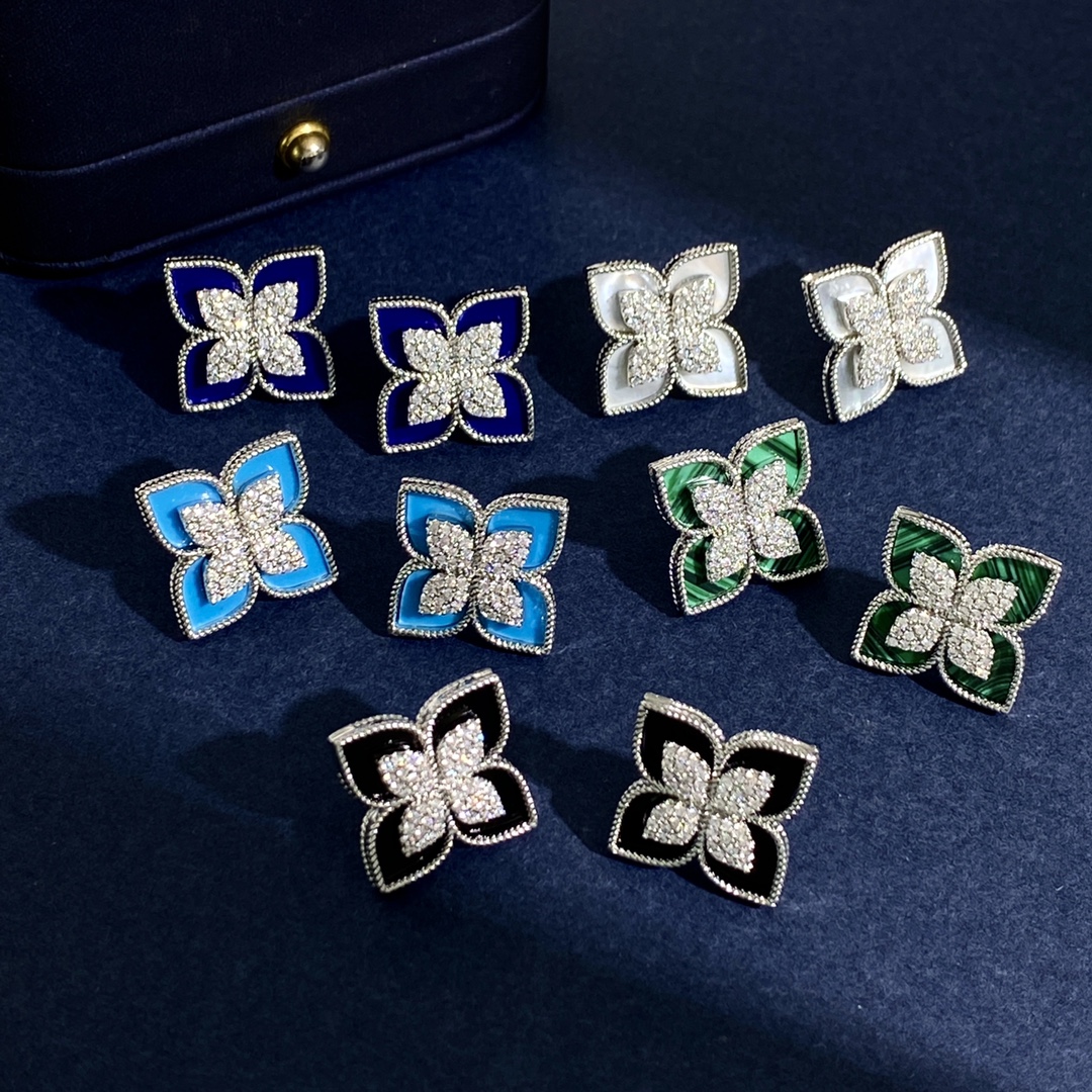 Roberto Coin Love in Verona earrings 18k white gold with diamond pave and colored enamel blue turquoise black variants 15mm