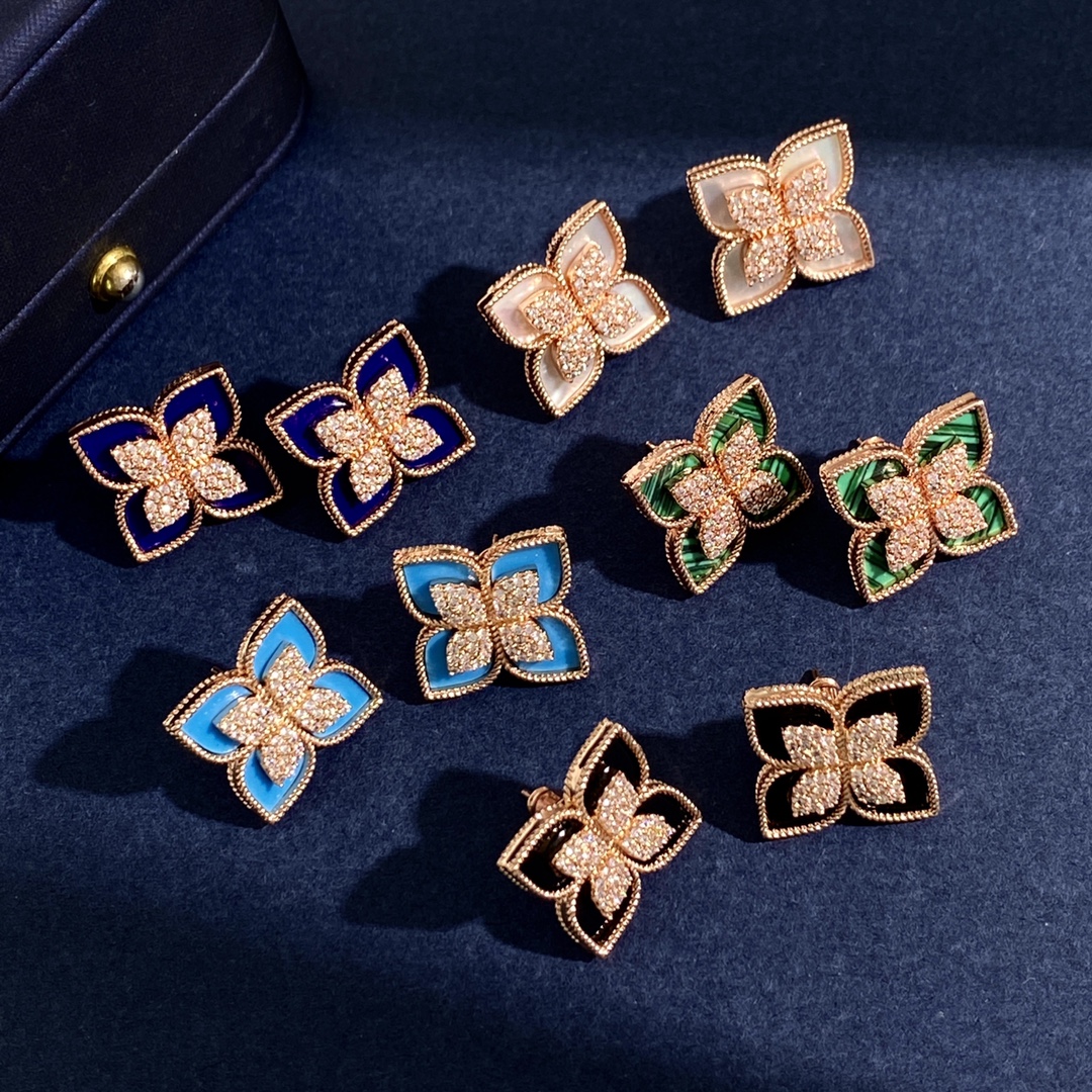 Roberto Coin Princess Flower earrings Rose gold with diamond pave available in mother-of-pearl lapis lazuli and turquoise inlay options 15mm stud diameter