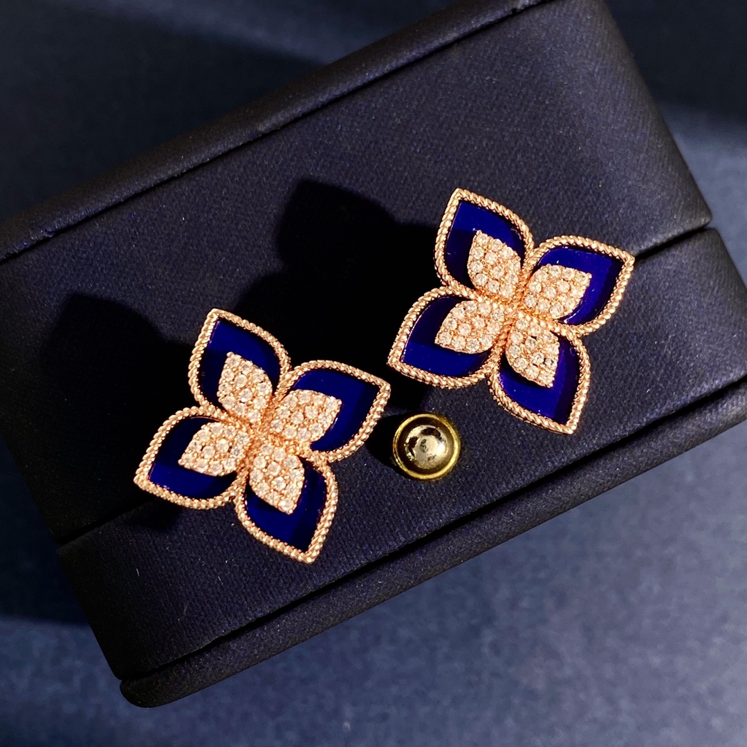 Roberto Coin Princess Flower earrings Available in rose gold yellow gold and white gold metal options with center pave diamonds and inlay options of white mother-of-pearl blue lapis lazuli turquoise green malachite and black onyx 15mm stud diameter