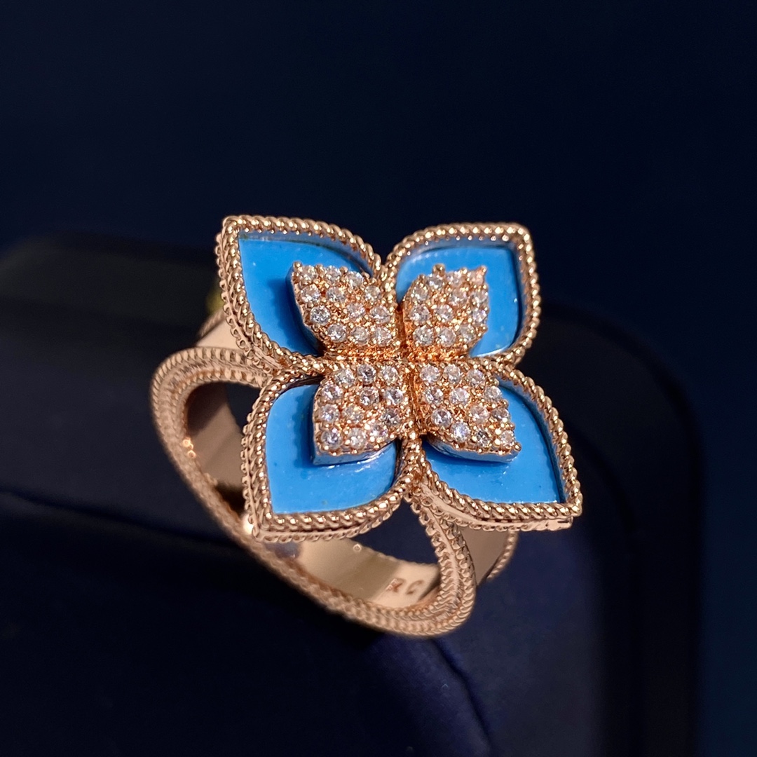 Anello Roberto Coin Princess Flower Oro rosa con lapislazzuli blu, onice nero e pavé di diamanti bianchi US 7