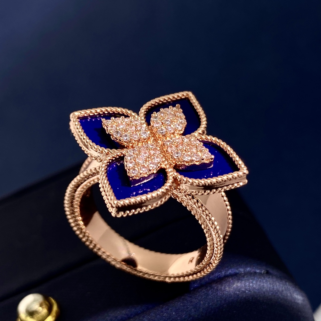 Anello Roberto Coin Princess Flower Oro rosa con lapislazzuli blu, onice nero e pavé di diamanti bianchi US 7