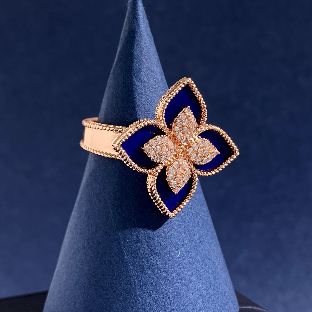 Anello Roberto Coin Princess Flower Oro rosa con lapislazzuli blu, onice nero e pavé di diamanti bianchi US 7