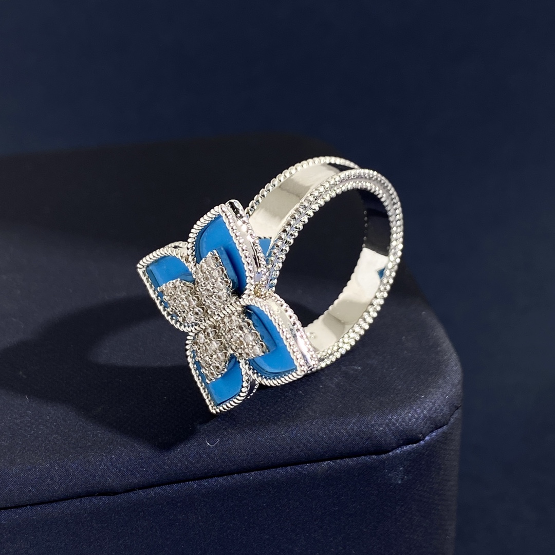 Bague Roberto Coin Princess Flower Or blanc avec accents de malachite et de diamants en émail bleu turquoise US 7