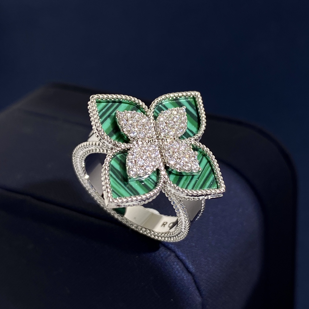 Bague Roberto Coin Princess Flower Or blanc avec accents de malachite et de diamants en émail bleu turquoise US 7